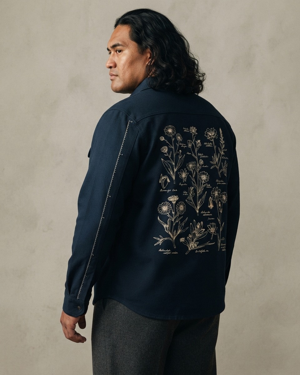 Navy overshirt with cream technical wildflowers and a measuring line down one sleeve