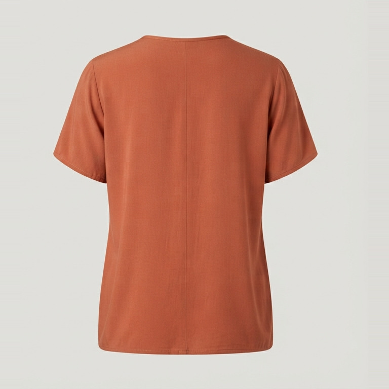 Plain back of the terracotta crossover top concept, with short sleeves and a gently shaped hip-length body.