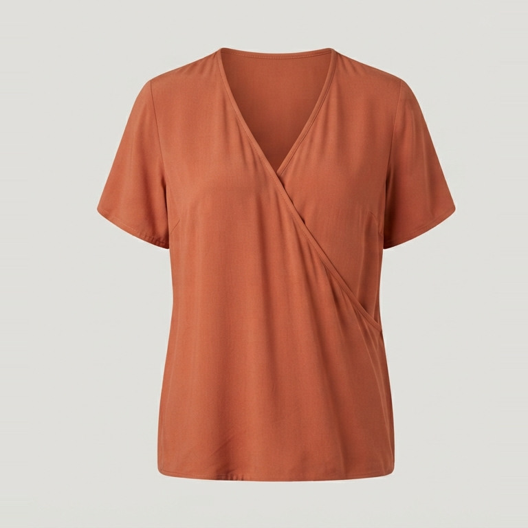 Terracotta wrap-top concept with a fixed crossover V neckline, narrow binding, short sleeves and a hip-length hem, without ties.