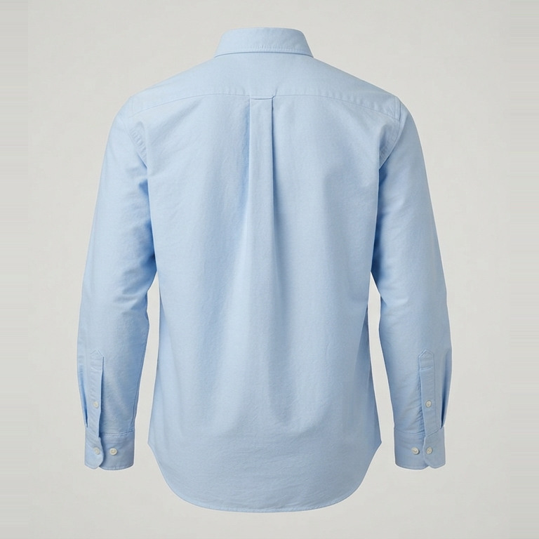 Back of the pale-blue Oxford shirt concept, showing a shoulder yoke, long sleeves and a curved untucked hem.
