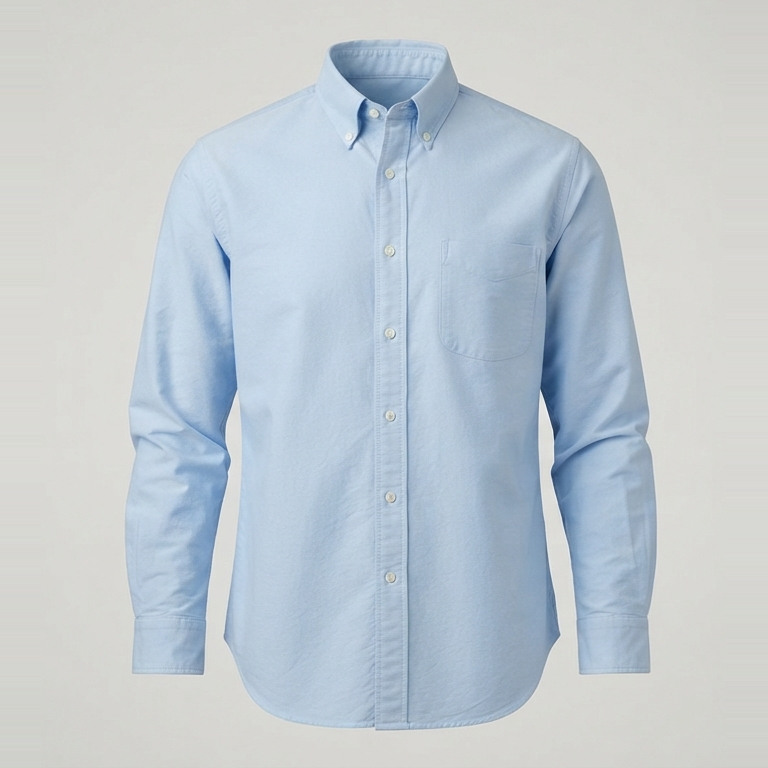 Pale-blue Oxford shirt concept with a button-down collar, long button-cuff sleeves, one chest pocket and a curved hem.