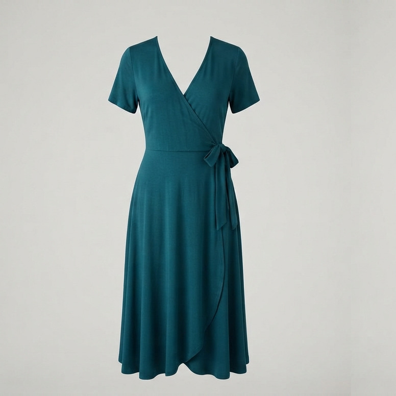 Deep-teal woven wrap dress concept with a V neckline, short sleeves, side waist tie and a gently flared midi skirt.