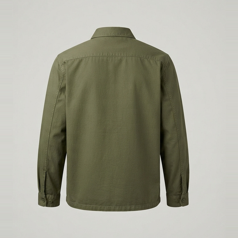 Back of the olive overshirt concept, showing a plain shoulder yoke, long sleeves and a straight longer body.