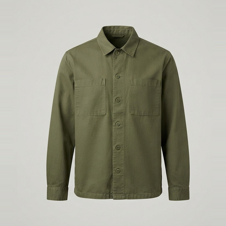Olive-green cotton overshirt concept with a pointed collar, long cuffed sleeves, two chest patch pockets and a straight lower-hip hem.
