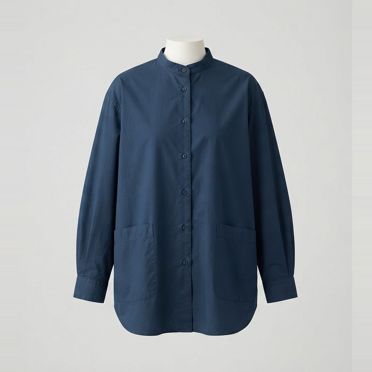 Ink-blue blouse concept with a stand collar, full-length cuffed sleeves, curved hem and two front patch pockets.