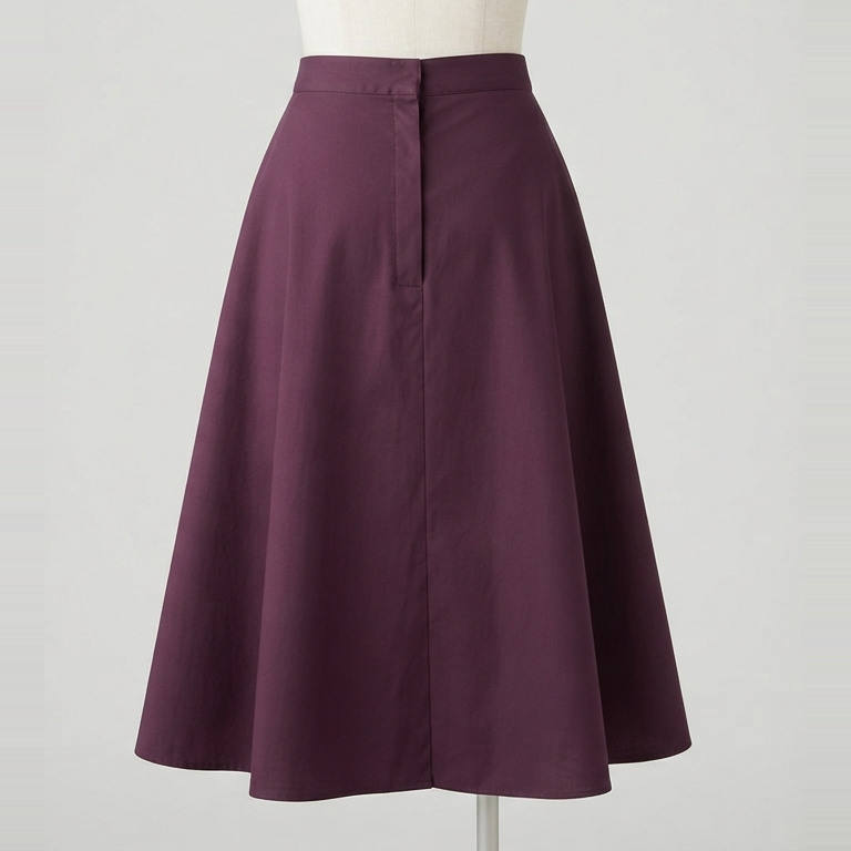 Back of the plum circle skirt concept, showing its uninterrupted flared shape and ankle-length hem.