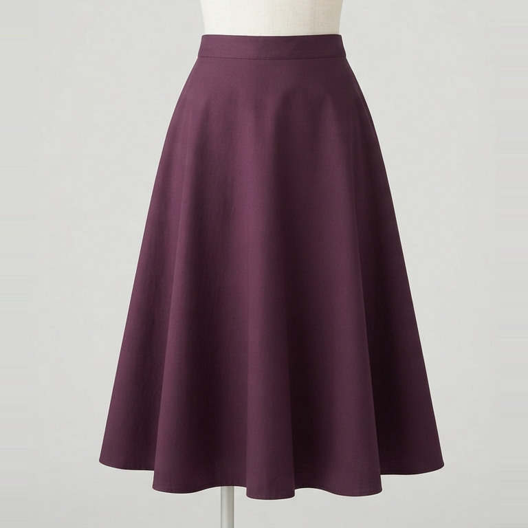 Deep-plum ankle-length half-circle skirt concept with a smooth waistband and flared sweep, without pleats or a slit.