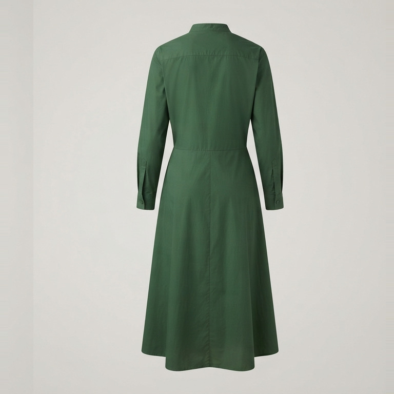 Back of the green shirt dress concept, with a loose skirt, long sleeves and a matching belt at the waist.