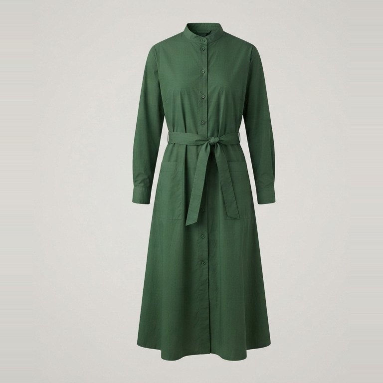 Forest-green midi shirt dress concept with a stand collar, button front, long cuffed sleeves, waist tie and lower patch pockets.