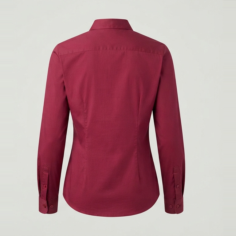 Back of the berry blouse concept, with long sleeves, a shaped waist and a curved hip-length hem.