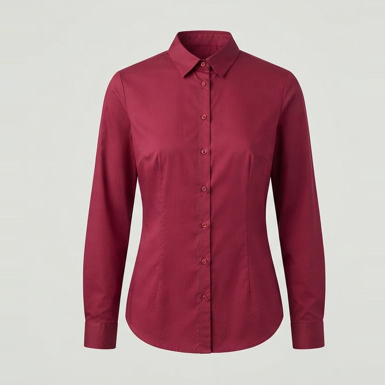 Berry-red woven blouse concept with a pointed collar, button front, bust darts, gentle waist shaping and long cuffed sleeves.