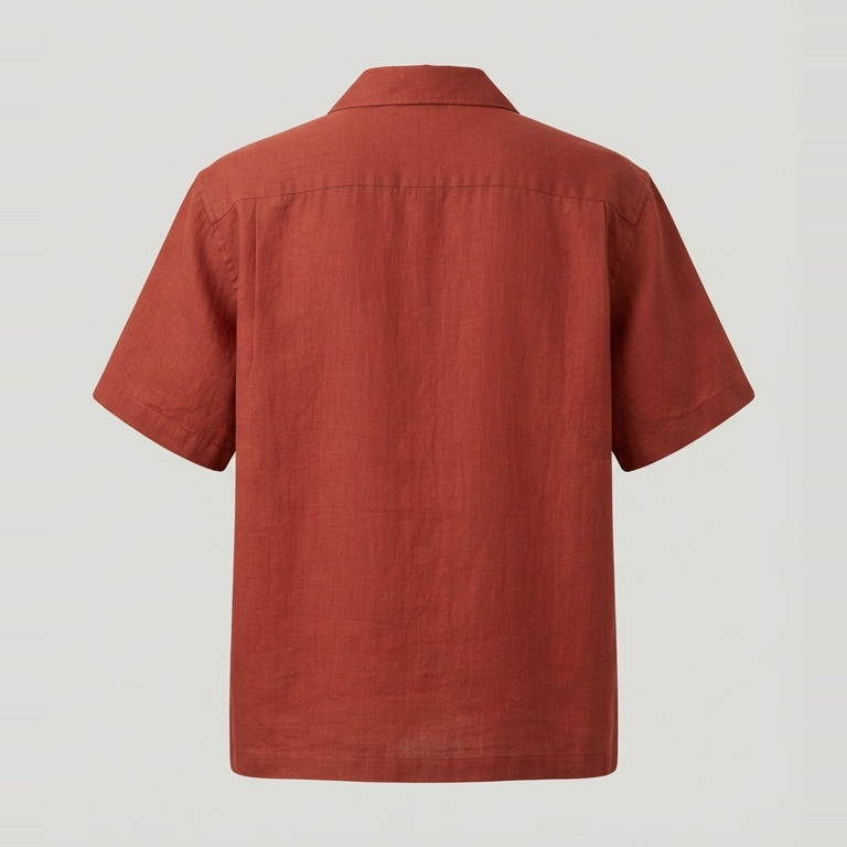 Back of the rust camp shirt concept, showing short sleeves and a relaxed straight body with a shorter hem.