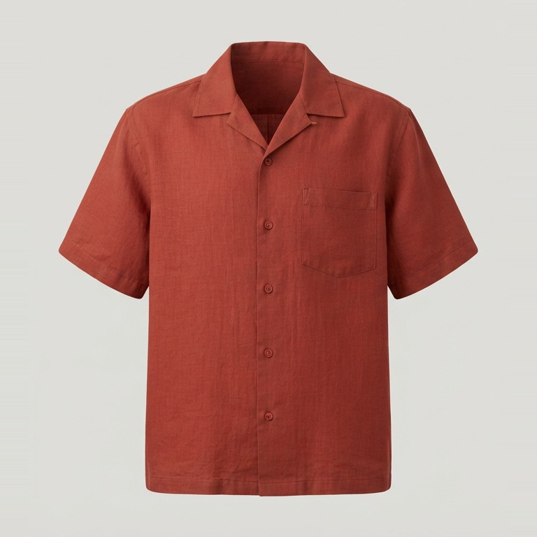 Rust-red camp shirt concept with an open flat collar, short sleeves, one chest pocket and a straight upper-hip hem.