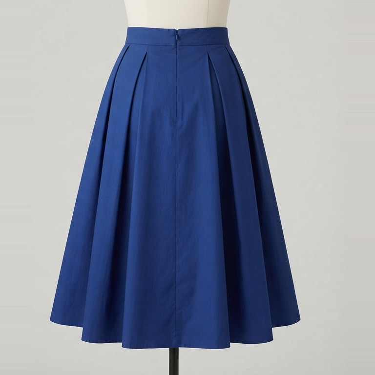 Back of the cobalt midi skirt concept, with evenly spaced box pleats below a smooth waistband.