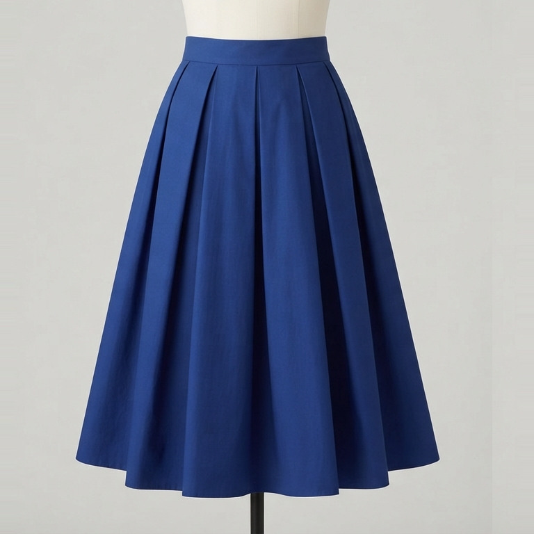 Cobalt-blue midi skirt concept with a flat waistband, broad box pleats and a full structured hem.