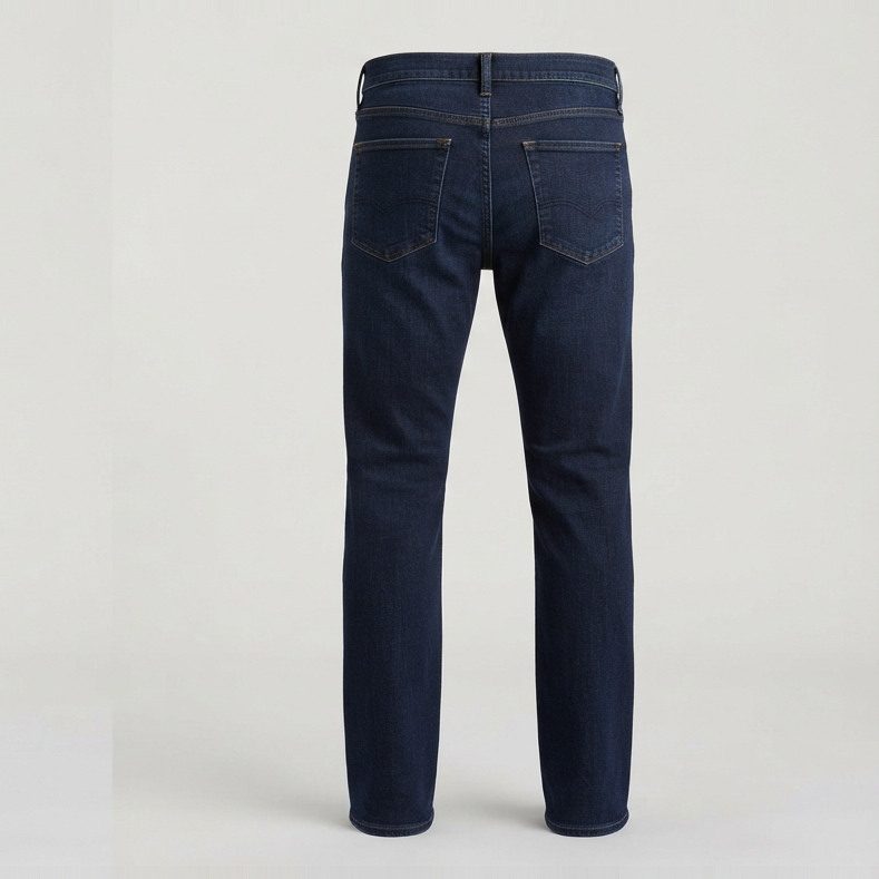 Straight jeans that clear the thigh, back view
