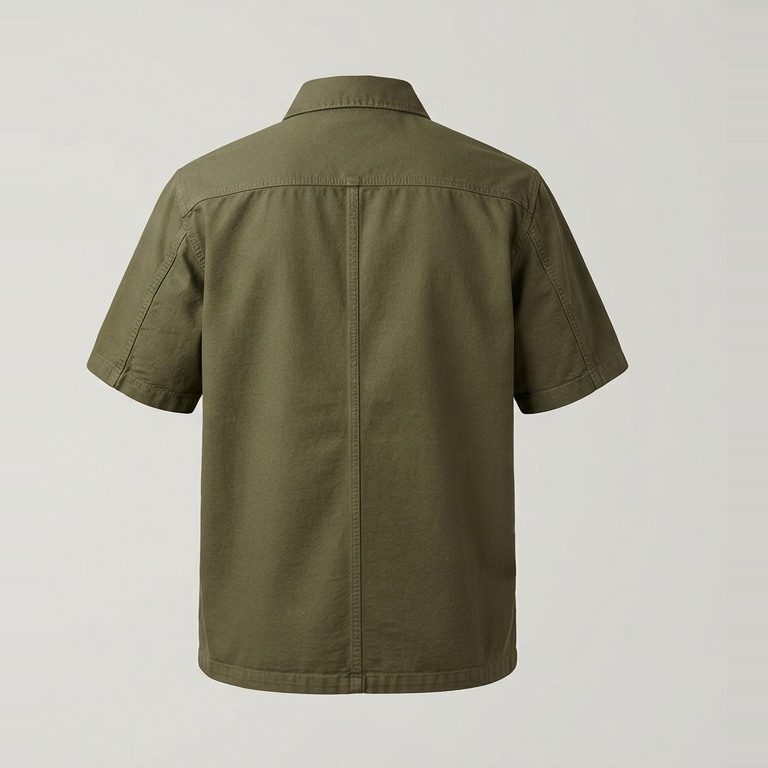 Short-body chore overshirt, back view