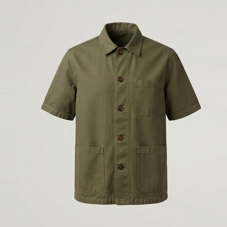 Short-body chore overshirt, front view