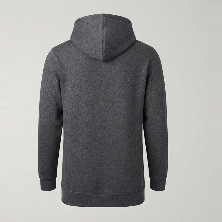 Hoodie that reaches the hip, back view