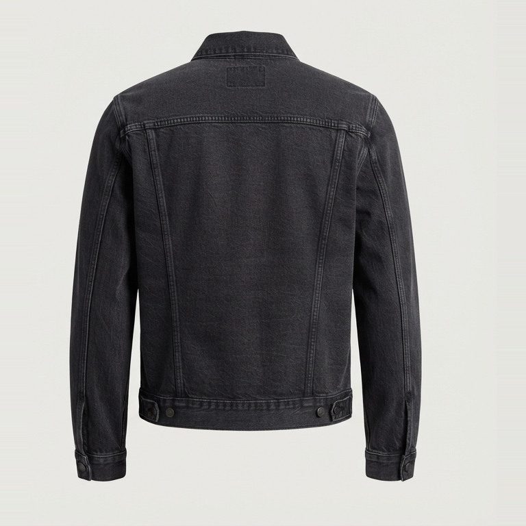 Trucker jacket with a tall torso, back view