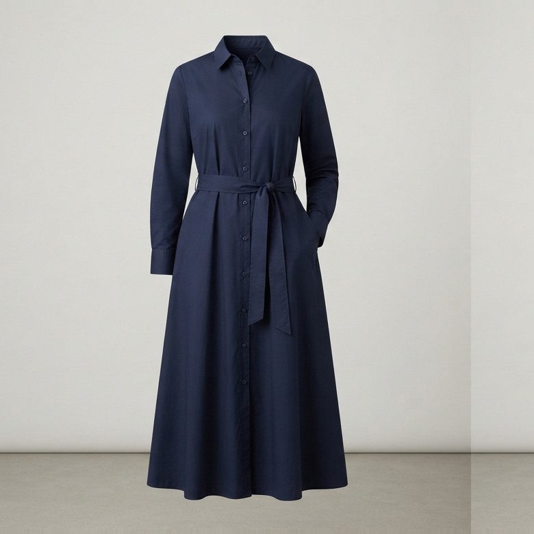 Belted shirt dress, ankle length, front view