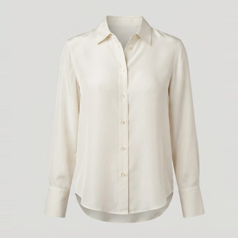 Long-torso silk blouse, front view