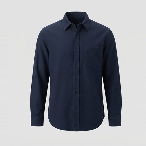 Masc-cut button-up with hip room, front view