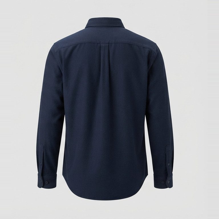 Masc-cut button-up with hip room, back view