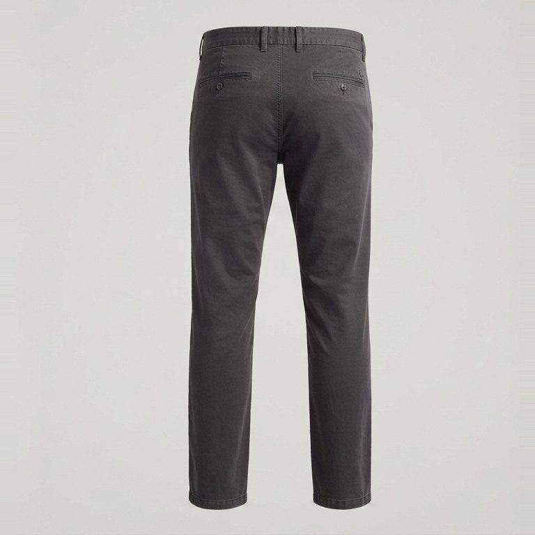 Masc-cut trousers sized to hip and inseam, back view